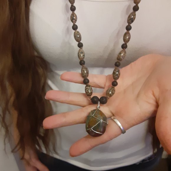 AWESOME- Bloodstone/ DZI Agate/ Black Lava Stone/ Hemp- Knotted Necklace - Picture 9 of 9